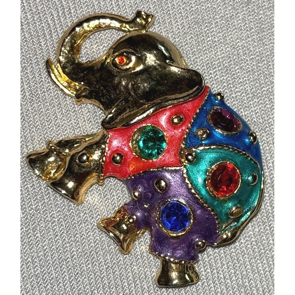 VINTAGE ENAMELED ELEPHANT  TRUNK UP PIN BROOCH